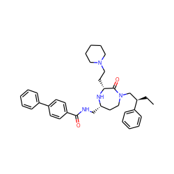 CC[C@H](CN1CC[C@H](CNC(=O)c2ccc(-c3ccccc3)cc2)N[C@H](CCN2CCCCC2)C1=O)c1ccccc1 ZINC000216560949