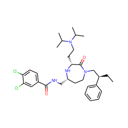 CC[C@H](CN1CC[C@H](CNC(=O)c2ccc(Cl)c(Cl)c2)N[C@H](CCN(C(C)C)C(C)C)C1=O)c1ccccc1 ZINC000206901561