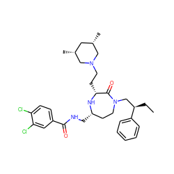 CC[C@H](CN1CC[C@H](CNC(=O)c2ccc(Cl)c(Cl)c2)N[C@H](CCN2C[C@@H](C)C[C@@H](C)C2)C1=O)c1ccccc1 ZINC000206905396