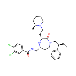 CC[C@H](CN1CC[C@H](CNC(=O)c2ccc(Cl)c(Cl)c2)N[C@H](CCN2CCCC[C@@H]2C)C1=O)c1ccccc1 ZINC000206890961