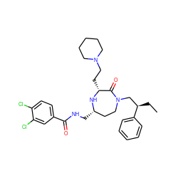 CC[C@H](CN1CC[C@H](CNC(=O)c2ccc(Cl)c(Cl)c2)N[C@H](CCN2CCCCC2)C1=O)c1ccccc1 ZINC000206915234