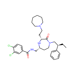 CC[C@H](CN1CC[C@H](CNC(=O)c2ccc(Cl)c(Cl)c2)N[C@H](CCN2CCCCCC2)C1=O)c1ccccc1 ZINC000206920773