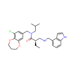 CC[C@H](CNCc1cccc2[nH]ccc12)C(=O)N(Cc1cc(Cl)c2c(c1)OCCCO2)CC(C)C ZINC000114100766