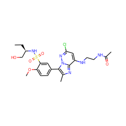 CC[C@H](CO)NS(=O)(=O)c1cc(-c2c(C)nc3c(NCCNC(C)=O)cc(Cl)nn23)ccc1OC ZINC000584905205