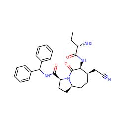 CC[C@H](N)C(=O)N[C@@H]1C(=O)N2[C@H](CC[C@H]2C(=O)NC(c2ccccc2)c2ccccc2)CC[C@@H]1CC#N ZINC000049694785