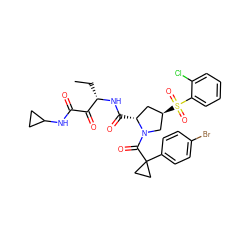 CC[C@H](NC(=O)[C@@H]1C[C@@H](S(=O)(=O)c2ccccc2Cl)CN1C(=O)C1(c2ccc(Br)cc2)CC1)C(=O)C(=O)NC1CC1 ZINC000169702097
