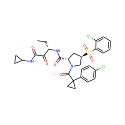CC[C@H](NC(=O)[C@@H]1C[C@@H](S(=O)(=O)c2ccccc2Cl)CN1C(=O)C1(c2ccc(Cl)cc2)CC1)C(=O)C(=O)NC1CC1 ZINC000148681033