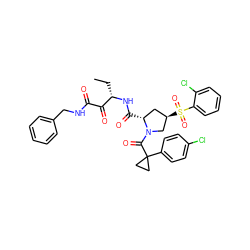 CC[C@H](NC(=O)[C@@H]1C[C@@H](S(=O)(=O)c2ccccc2Cl)CN1C(=O)C1(c2ccc(Cl)cc2)CC1)C(=O)C(=O)NCc1ccccc1 ZINC000169702113