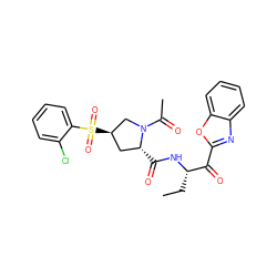 CC[C@H](NC(=O)[C@@H]1C[C@@H](S(=O)(=O)c2ccccc2Cl)CN1C(C)=O)C(=O)c1nc2ccccc2o1 ZINC000096908178