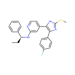 CC[C@H](Nc1cc(-c2[nH]c(SC)nc2-c2ccc(F)cc2)ccn1)c1ccccc1 ZINC000040972309