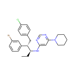 CC[C@H](Nc1cc(N2CCCCC2)ncn1)[C@@H](Cc1ccc(Cl)cc1)c1cccc(Br)c1 ZINC000043012922