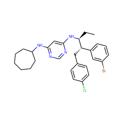 CC[C@H](Nc1cc(NC2CCCCCC2)ncn1)[C@@H](Cc1ccc(Cl)cc1)c1cccc(Br)c1 ZINC000043122562