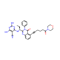 CC[C@H](Nc1nc(N)nc(N)c1C#N)c1nc2cccc(C#CCCCC(=O)N3CCOCC3)c2c(=O)n1-c1ccccc1 ZINC001772609405