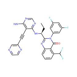 CC[C@H](Nc1ncnc(N)c1C#Cc1cnccn1)c1nc2cccc(C(F)F)c2c(=O)n1-c1cc(F)cc(F)c1 ZINC000219073975