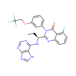 CC[C@H](Nc1ncnc2nc[nH]c12)c1nc2cccc(F)c2c(=O)n1-c1cccc(OCC(F)(F)F)c1 ZINC000218596577