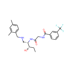 CC[C@H](O)[C@H](CNCc1ccc(C)cc1C)NC(=O)CNC(=O)c1cccc(C(F)(F)F)c1 ZINC000034394657