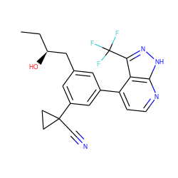 CC[C@H](O)Cc1cc(-c2ccnc3[nH]nc(C(F)(F)F)c23)cc(C2(C#N)CC2)c1 ZINC000299839079