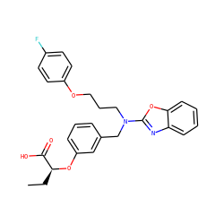 CC[C@H](Oc1cccc(CN(CCCOc2ccc(F)cc2)c2nc3ccccc3o2)c1)C(=O)O ZINC000028900755