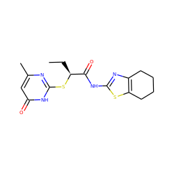 CC[C@H](Sc1nc(C)cc(=O)[nH]1)C(=O)Nc1nc2c(s1)CCCC2 ZINC000008772780