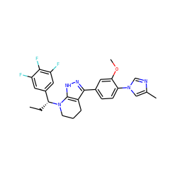 CC[C@H](c1cc(F)c(F)c(F)c1)N1CCCc2c(-c3ccc(-n4cnc(C)c4)c(OC)c3)n[nH]c21 ZINC000066112119