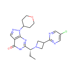 CC[C@H](c1nc2c(cnn2C2CCOCC2)c(=O)[nH]1)N1CC(c2ncc(Cl)cn2)C1 ZINC000116977889