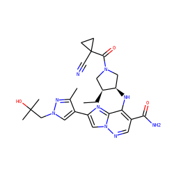 CC[C@H]1CN(C(=O)C2(C#N)CC2)C[C@H]1Nc1c(C(N)=O)cnn2cc(-c3cn(CC(C)(C)O)nc3C)nc12 ZINC001772621058