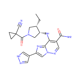 CC[C@H]1CN(C(=O)C2(C#N)CC2)C[C@H]1Nc1c(C(N)=O)cnn2cc(-c3cn[nH]c3)nc12 ZINC001772603512