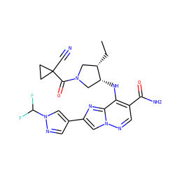 CC[C@H]1CN(C(=O)C2(C#N)CC2)C[C@H]1Nc1c(C(N)=O)cnn2cc(-c3cnn(C(F)F)c3)nc12 ZINC001772572946