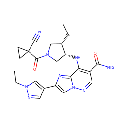 CC[C@H]1CN(C(=O)C2(C#N)CC2)C[C@H]1Nc1c(C(N)=O)cnn2cc(-c3cnn(CC)c3)nc12 ZINC000223645766