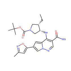 CC[C@H]1CN(C(=O)OC(C)(C)C)C[C@H]1Nc1c(C(N)=O)cnn2cc(-c3cc(C)no3)cc12 ZINC000203798655