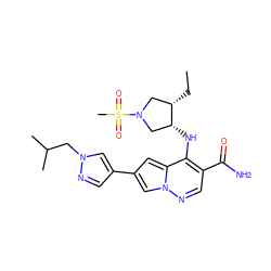 CC[C@H]1CN(S(C)(=O)=O)C[C@H]1Nc1c(C(N)=O)cnn2cc(-c3cnn(CC(C)C)c3)cc12 ZINC000261192460