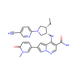 CC[C@H]1CN(c2ccc(C#N)cn2)C[C@H]1Nc1c(C(N)=O)cnn2cc(-c3ccc(=O)n(C)c3)cc12 ZINC000261070960