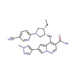 CC[C@H]1CN(c2ccc(C#N)cn2)C[C@H]1Nc1c(C(N)=O)cnn2cc(-c3cnn(C)c3)cc12 ZINC000261081770