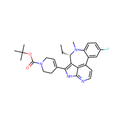 CC[C@H]1c2c(C3=CCN(C(=O)OC(C)(C)C)CC3)[nH]c3nccc(c23)-c2cc(F)ccc2N1C ZINC001772639449