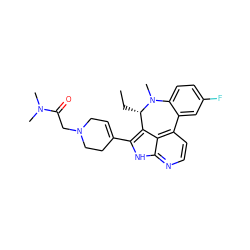 CC[C@H]1c2c(C3=CCN(CC(=O)N(C)C)CC3)[nH]c3nccc(c23)-c2cc(F)ccc2N1C ZINC001772613908