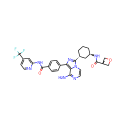 CC1(C(=O)N[C@@H]2CCC[C@@H](c3nc(-c4ccc(C(=O)Nc5cc(C(F)(F)F)ccn5)cc4)c4c(N)nccn34)C2)COC1 ZINC000143362371