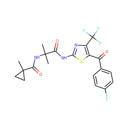 CC1(C(=O)NC(C)(C)C(=O)Nc2nc(C(F)(F)F)c(C(=O)c3ccc(F)cc3)s2)CC1 ZINC000118624470