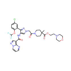 CC1(C(=O)OCCN2CCOCC2)CCN(C(=O)Cn2cc(NC(=O)c3cnn4cccnc34)c(-c3cc(Cl)ccc3OC(F)F)n2)CC1 ZINC001772580132