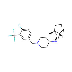 CC1(C)[C@@H]2CC[C@@]1(C)[C@H](NC1CCN(Cc3ccc(F)c(C(F)(F)F)c3)CC1)C2 ZINC000040975153