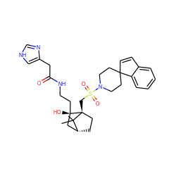 CC1(C)[C@@H]2CC[C@@]1(CS(=O)(=O)N1CCC3(C=Cc4ccccc43)CC1)[C@@](O)(CCNC(=O)Cc1c[nH]cn1)C2 ZINC000027320468