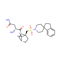 CC1(C)[C@@H]2CC[C@@]1(CS(=O)(=O)N1CCC3(CCc4ccccc43)CC1)[C@@H](C(=O)[C@H](N)CC(N)=O)C2 ZINC000027324853