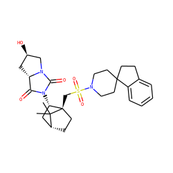 CC1(C)[C@@H]2CC[C@@]1(CS(=O)(=O)N1CCC3(CCc4ccccc43)CC1)[C@@H](N1C(=O)[C@@H]3C[C@@H](O)CN3C1=O)C2 ZINC000027318379