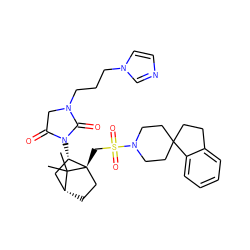 CC1(C)[C@@H]2CC[C@@]1(CS(=O)(=O)N1CCC3(CCc4ccccc43)CC1)[C@@H](N1C(=O)CN(CCCn3ccnc3)C1=O)C2 ZINC000027317796