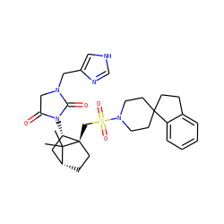 CC1(C)[C@@H]2CC[C@@]1(CS(=O)(=O)N1CCC3(CCc4ccccc43)CC1)[C@@H](N1C(=O)CN(Cc3c[nH]cn3)C1=O)C2 ZINC000027320442