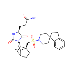 CC1(C)[C@@H]2CC[C@@]1(CS(=O)(=O)N1CCC3(CCc4ccccc43)CC1)[C@@H](N1C(=O)N[C@@H](CCC(N)=O)C1=O)C2 ZINC000027319125