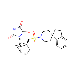 CC1(C)[C@@H]2CC[C@@]1(CS(=O)(=O)N1CCC3(CCc4ccccc43)CC1)[C@@H](N1C(=O)NC(=O)C1=O)C2 ZINC000027319553