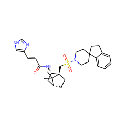 CC1(C)[C@@H]2CC[C@@]1(CS(=O)(=O)N1CCC3(CCc4ccccc43)CC1)[C@@H](NC(=O)/C=C/c1c[nH]cn1)C2 ZINC000027323643