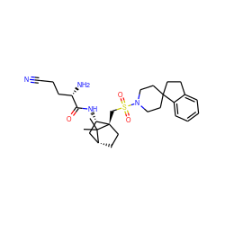 CC1(C)[C@@H]2CC[C@@]1(CS(=O)(=O)N1CCC3(CCc4ccccc43)CC1)[C@@H](NC(=O)[C@@H](N)CCC#N)C2 ZINC000027317971