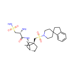 CC1(C)[C@@H]2CC[C@@]1(CS(=O)(=O)N1CCC3(CCc4ccccc43)CC1)[C@@H](NC(=O)[C@@H](N)CS(N)(=O)=O)C2 ZINC000027317490