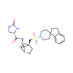 CC1(C)[C@@H]2CC[C@@]1(CS(=O)(=O)N1CCC3(CCc4ccccc43)CC1)[C@@H](NC(=O)[C@@H]1CNC(=O)N1)C2 ZINC000027324831